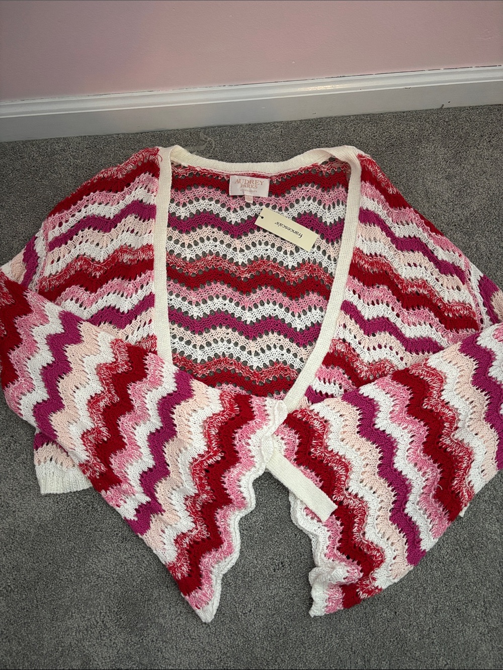 Audrey Brooke Pink, Red & White Chevron Open-Front Cardigan